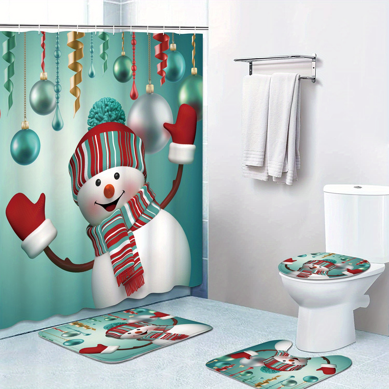 Golden Snowman Christmas Shower Curtain Set With Non-slip Mat And