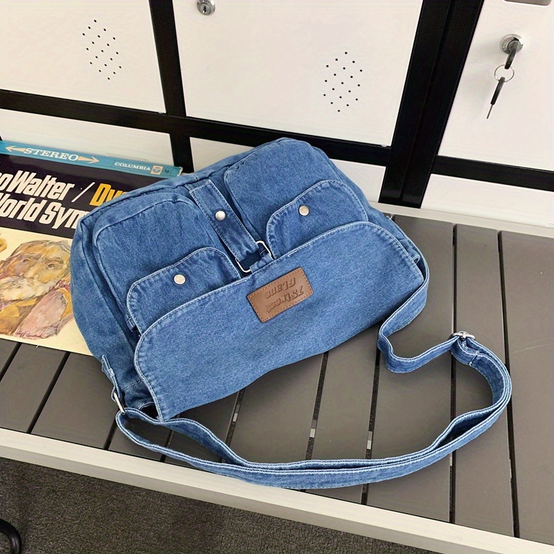 Denim Canvas Messenger Bag Y2k Embroidery Shoulder Bag Large - Temu