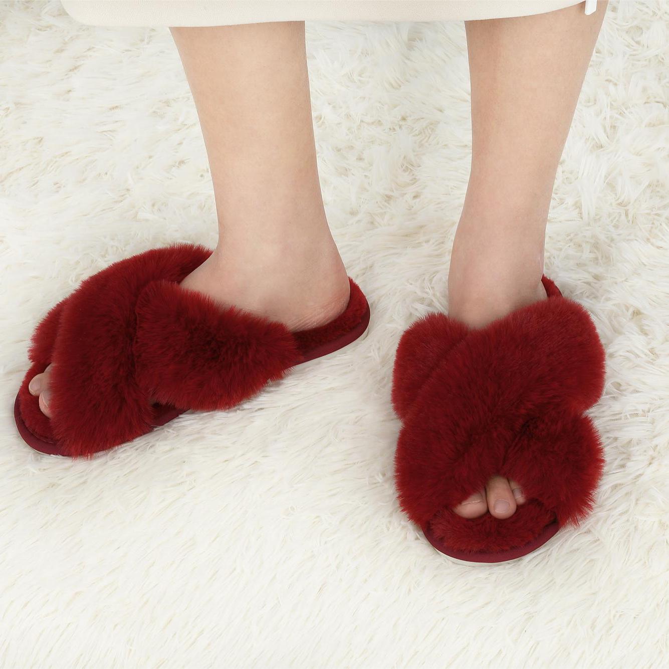 Soft Fuzzy Cross Strap Slippers Open Toe Plush Slides Shoes