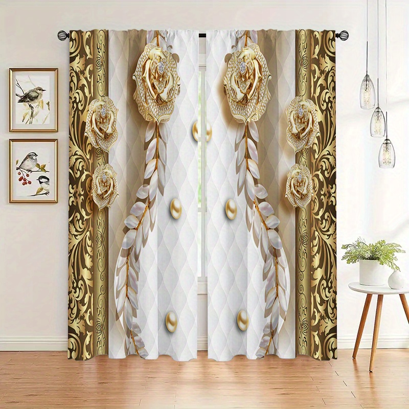 Marble Floral Digital Printed Curtains, Light Luxury Style Rod