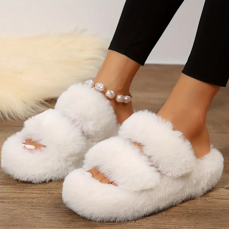 Double Band Fluffy Plush Home Slippers Solid Color Open Toe - Temu ...