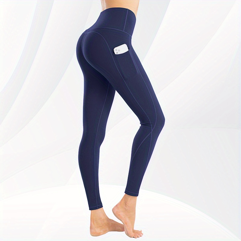 Solid Color Tummy Control Sports Yoga Leggings Pocket High - Temu