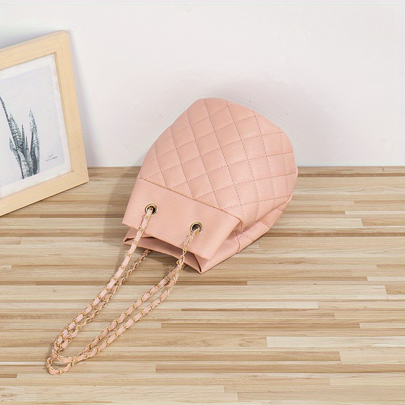 Minimalist Solid Color Bucket Bag, Argyle Pattern Shoulder Bag