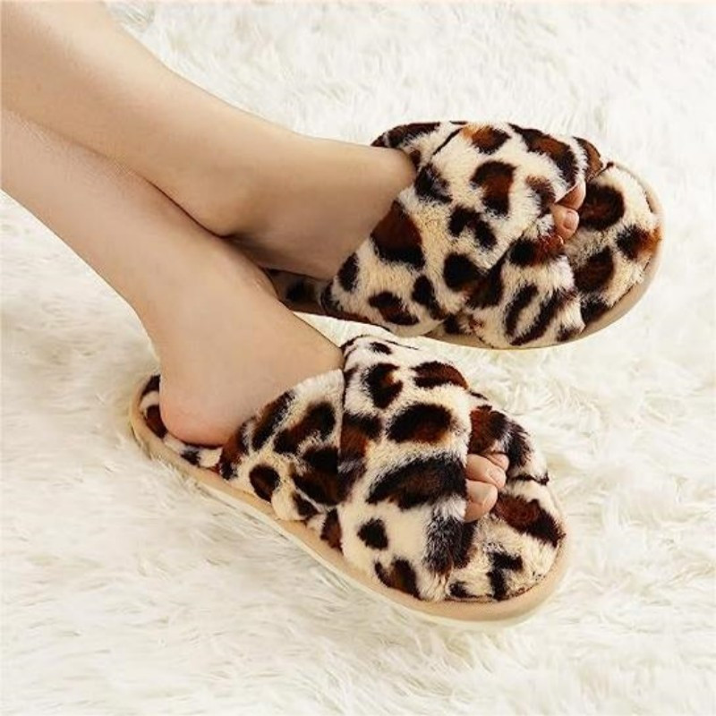 Soft Fuzzy Cross Strap Slippers Open Toe Plush Slides Shoes