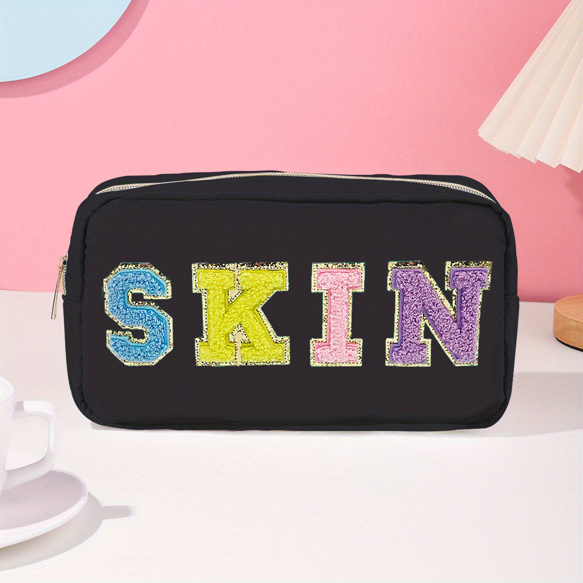 Preppy Makeup Pouch With Embroidered Patch Small Travel - Temu