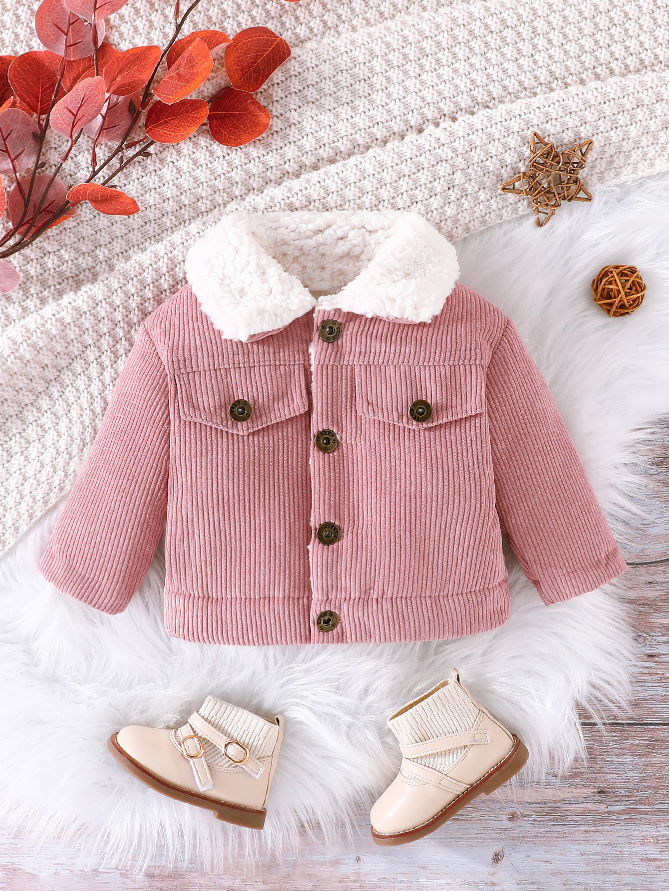 Pink corduroy clearance jacket with fur