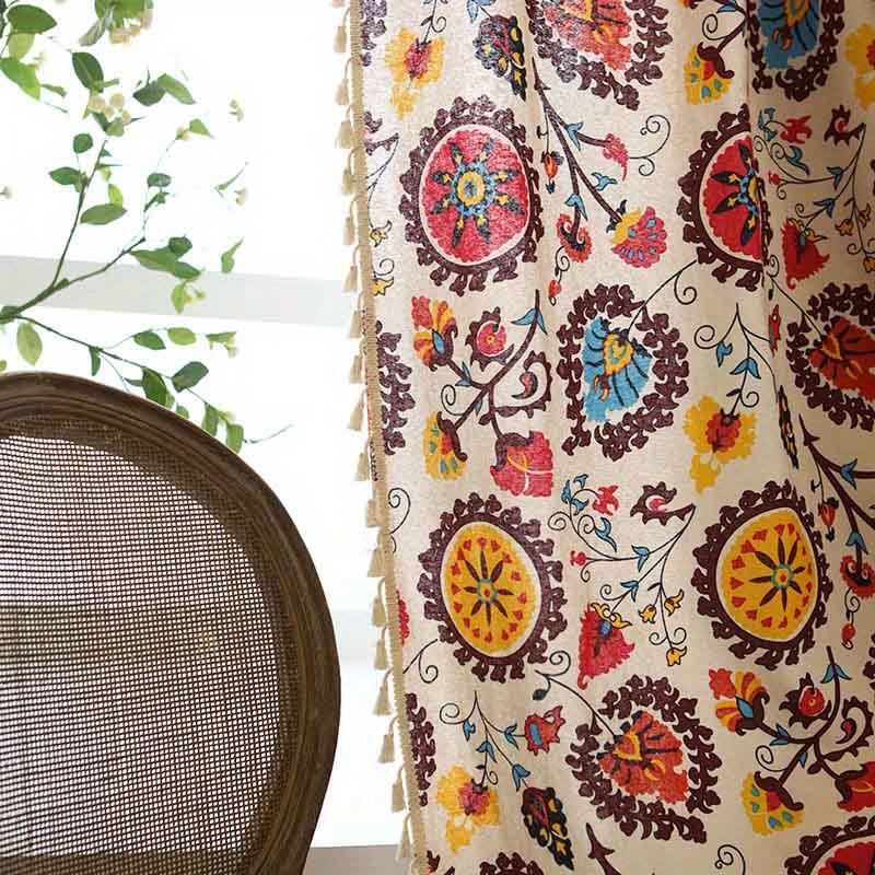 1pc boho floral semi blackout curtain   polyester rod pocket window drapes for living room bedroom balcony hand washable water resistant decorative arts theme door panel   unlined woven fabric 220 240gsm bohemian style tassel sunflower details 4