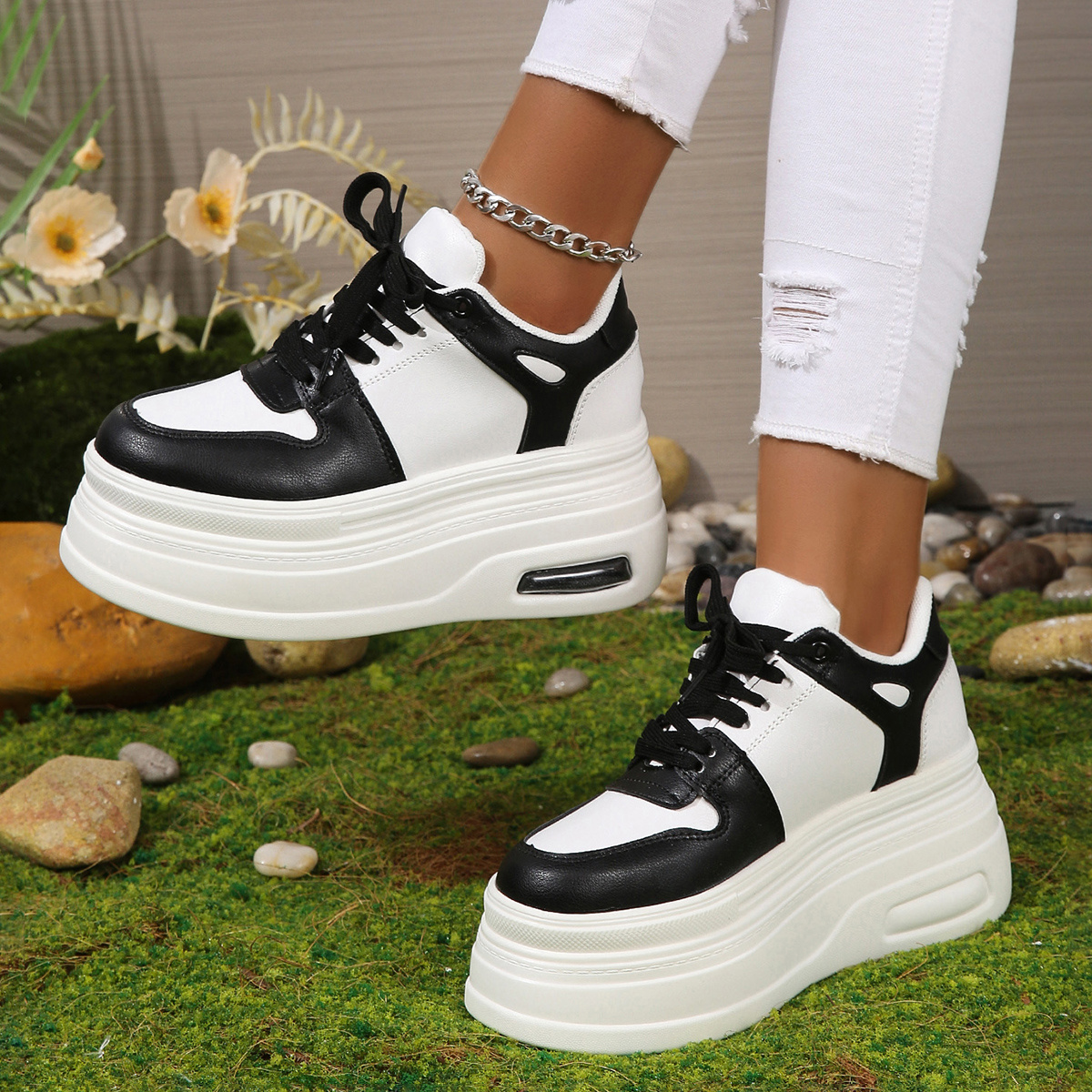 Women's Platform Skate Shoes, Colorblock Round Toe Low Top Heightening  Sneakers, Trendy Air Cushion Trainers