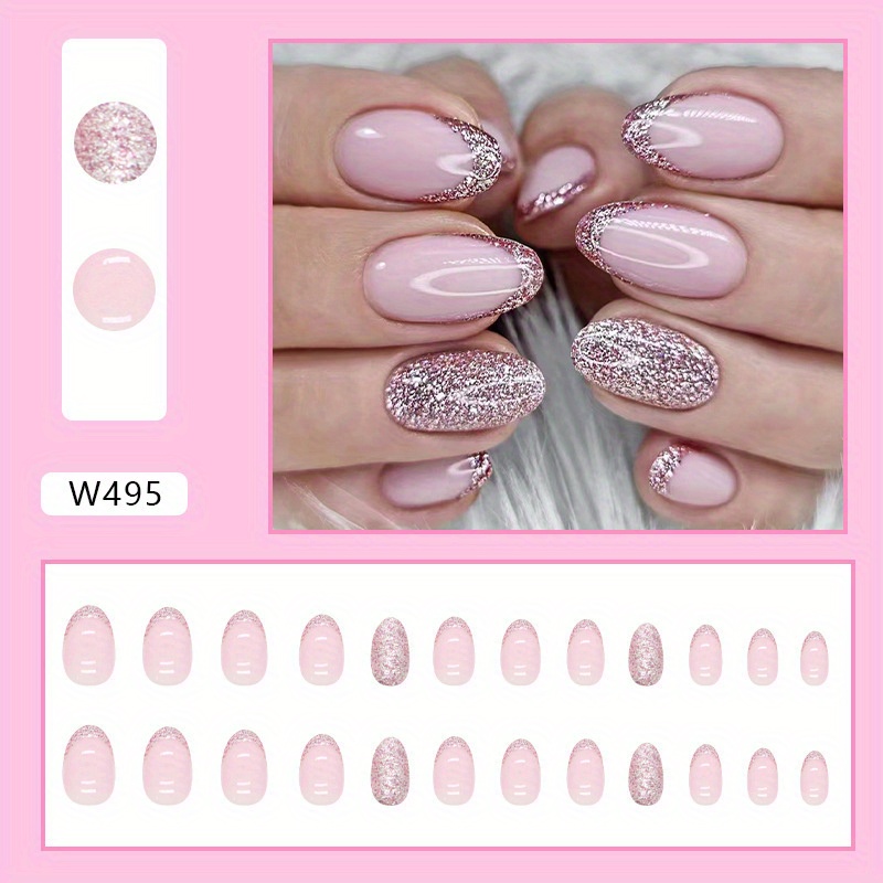 24pcs short round head fake nails pink glitter press on nails solid color glue on nails full cover medium oval false nails for women girls daily wear details 1