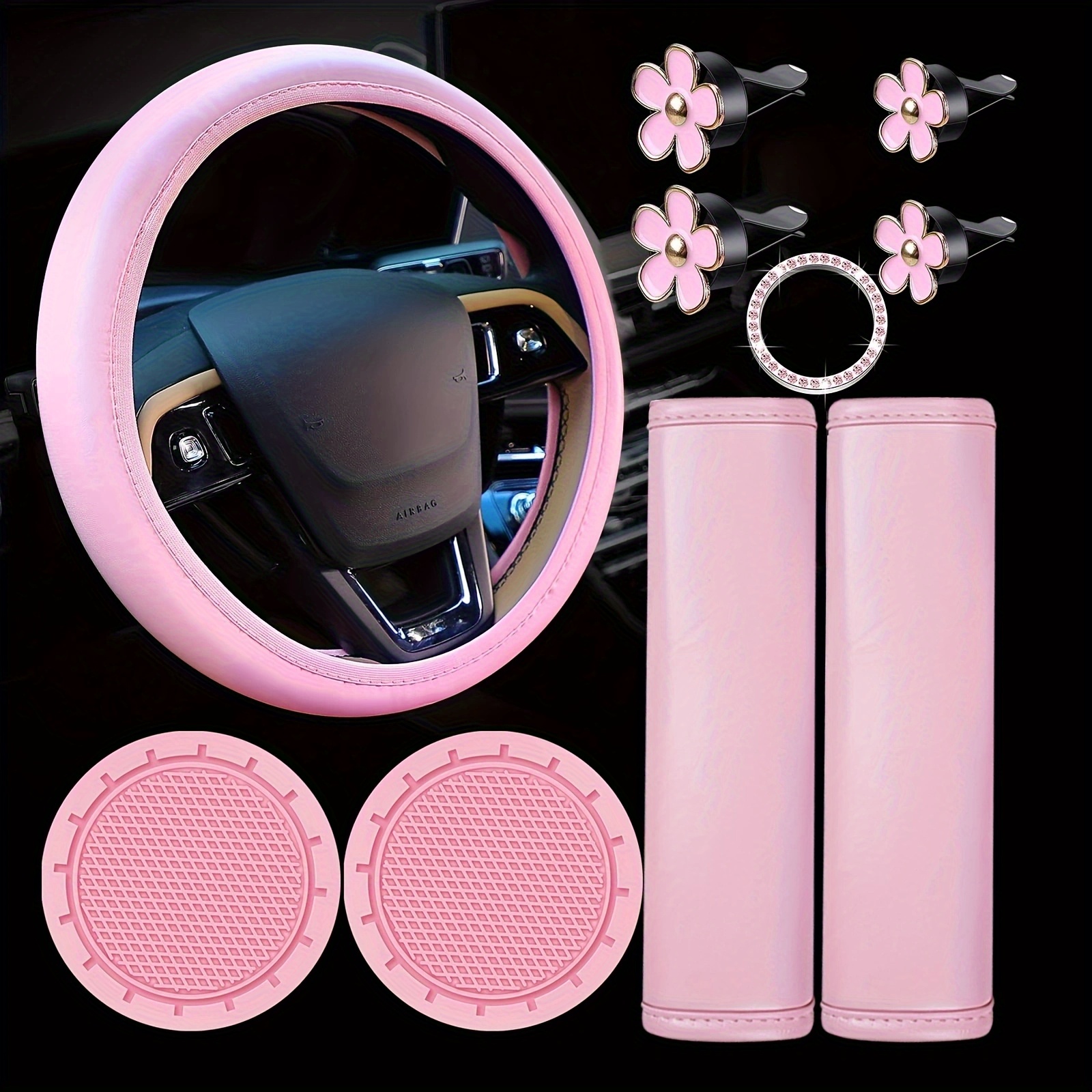 ToBeQueen Juego de 15 accesorios de coche rosa para mujer, 15 unidades,  anillos brillantes para reposacabezas, cargador de adaptador de automóvil