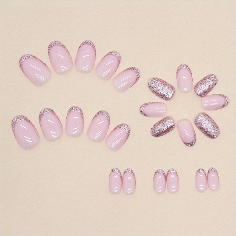 24pcs short round head fake nails pink glitter press on nails solid color glue on nails full cover medium oval false nails for women girls daily wear details 3