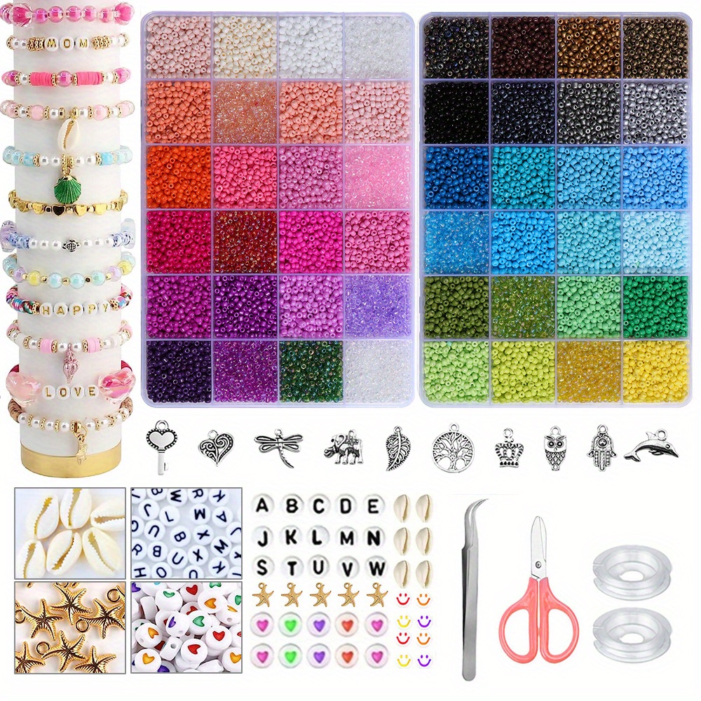 24/48 colores Kit de cuentas de vidrio de 3 mm para hacer joyas, pequeñas  cuentas coloridas con encantos colgantes y cuentas de letras para hacer puls