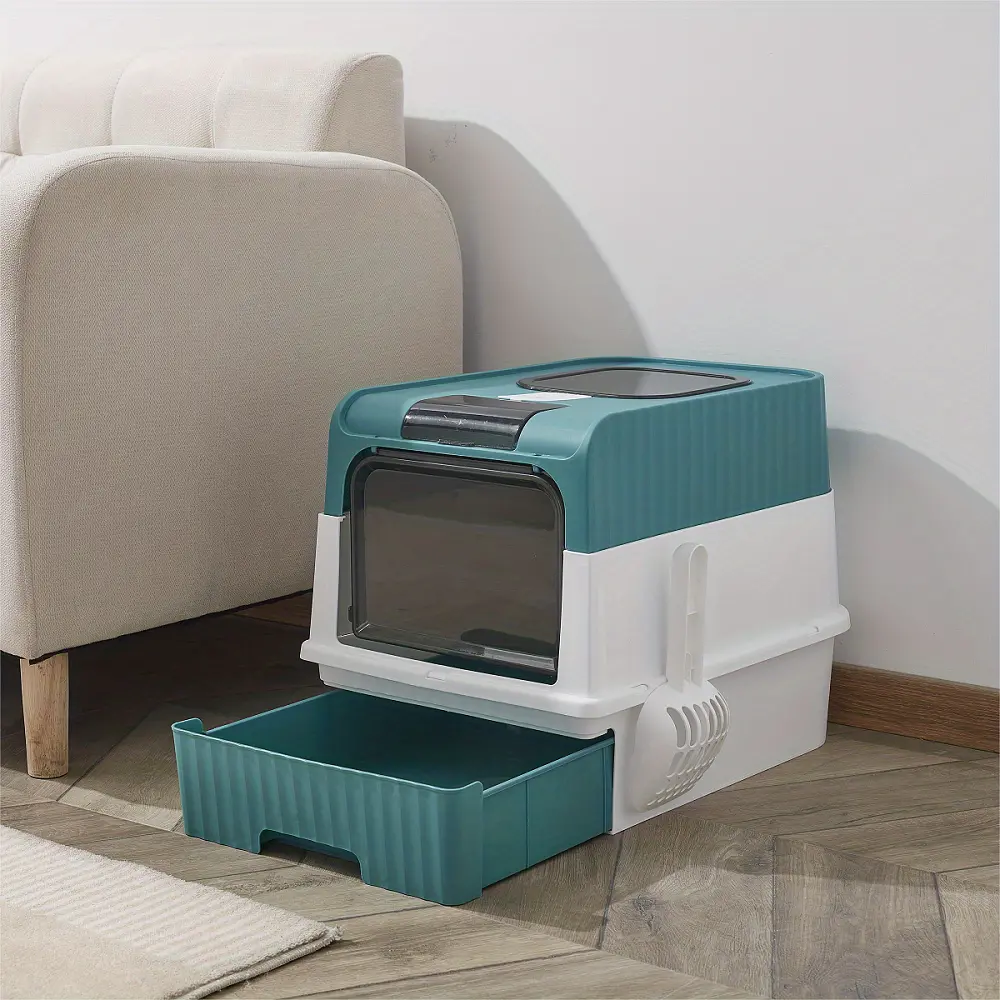 Premium Enclosed Cat Litter Box - Anti-Splash Drawer, Odor Removal, Front Flap Door & Toy Entry - Perfect For Indoor Cats!