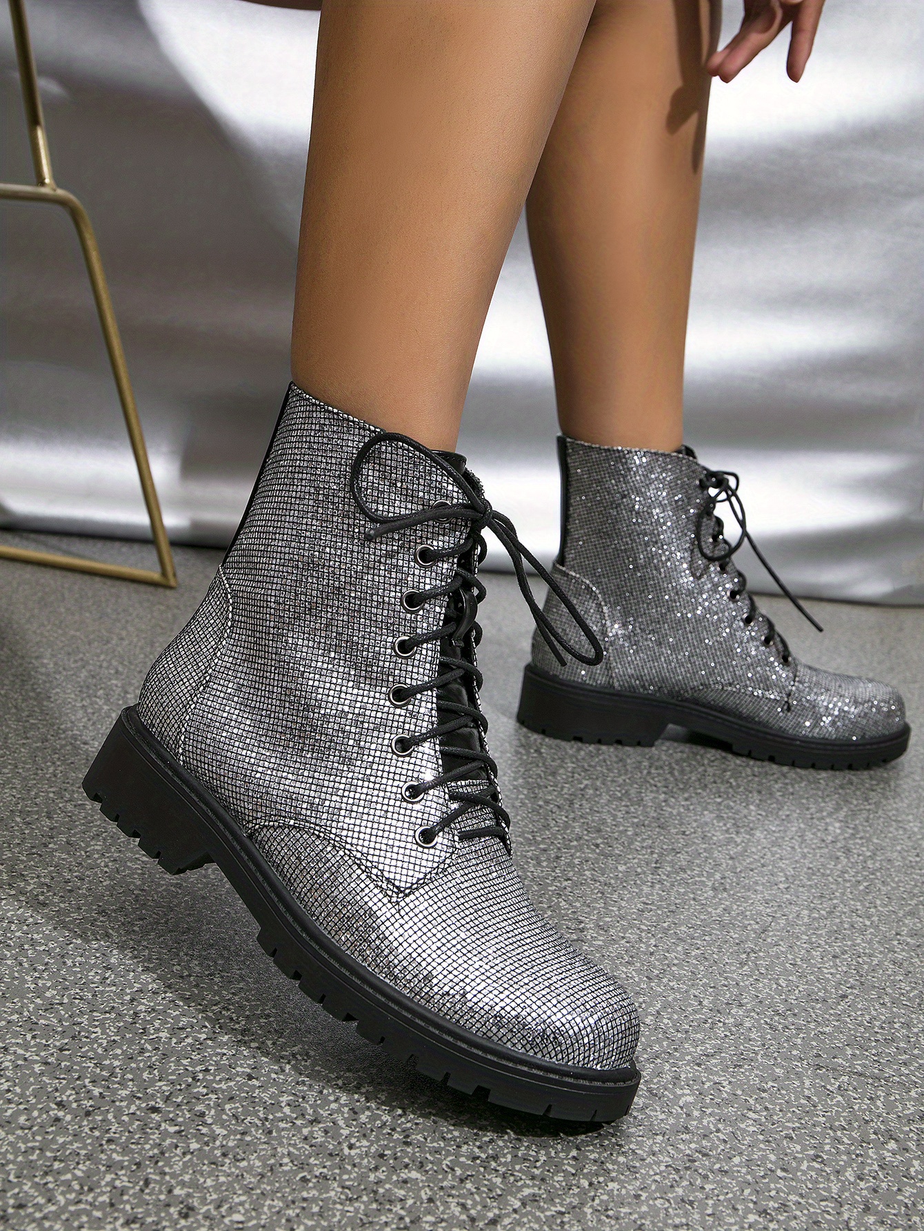 Women's Rhinestone Combat Boots Sparkly Lace Up Round Toe - Temu