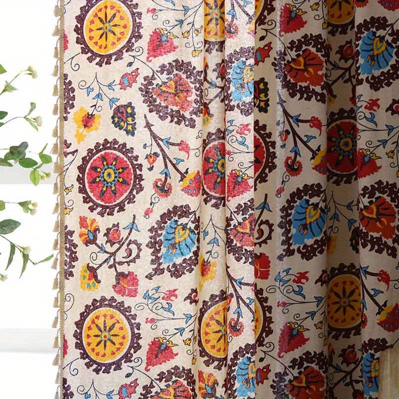 1pc boho floral semi blackout curtain   polyester rod pocket window drapes for living room bedroom balcony hand washable water resistant decorative arts theme door panel   unlined woven fabric 220 240gsm bohemian style tassel sunflower details 8