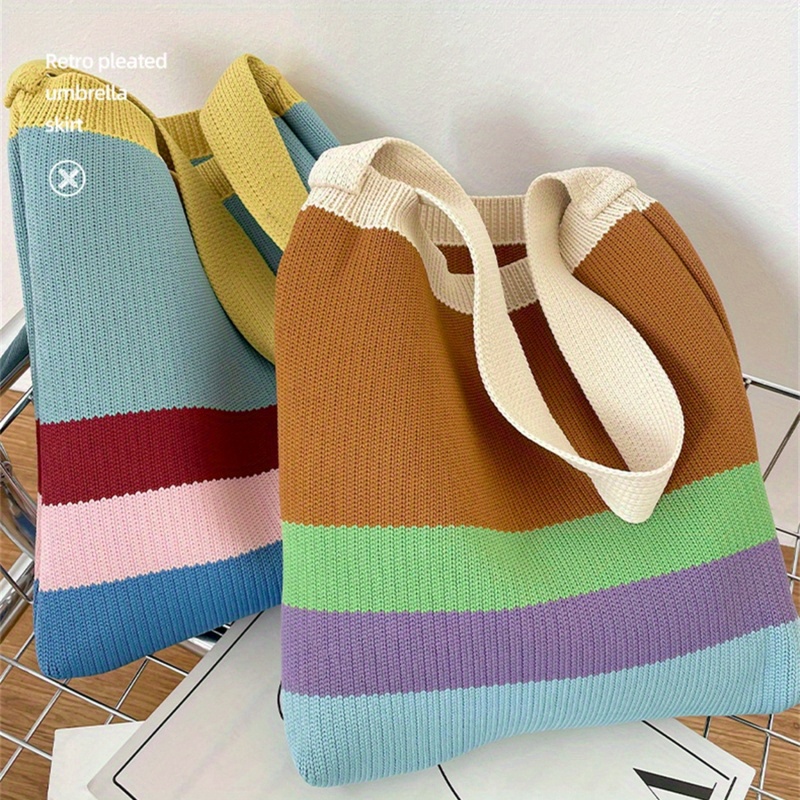 Rainbow Patchwork Shoulder Bag, Striped Knitted Tote Bag