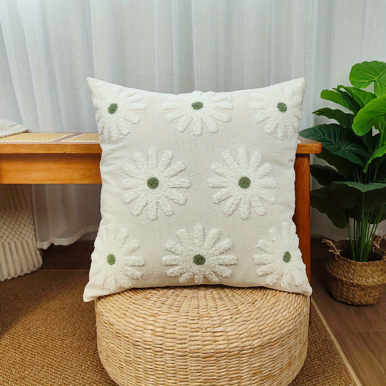 1pc Floral Embroidered Cushion Cover Without Filler, Stretchy Throw Pillow Case For Household