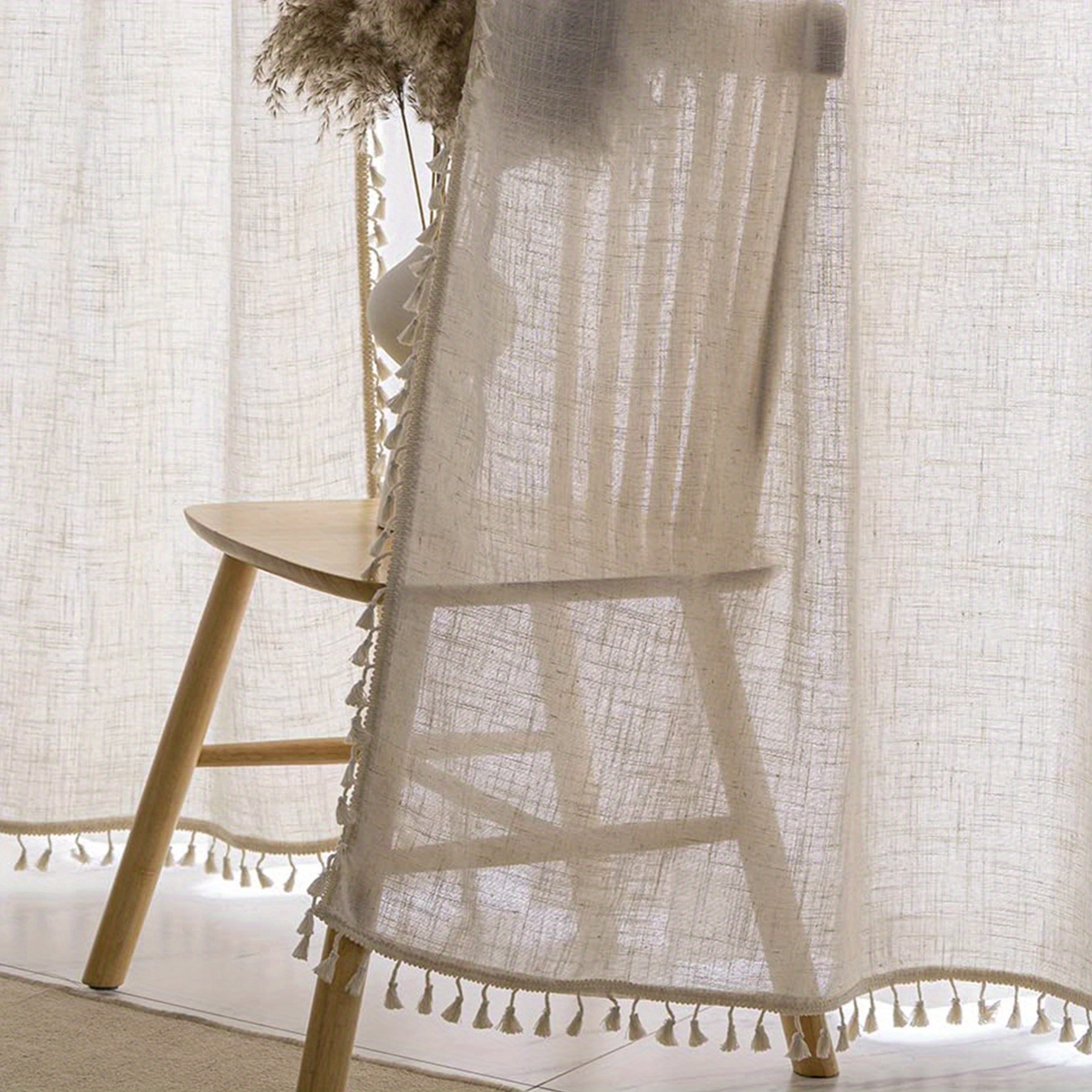 1pc Beige Lace Sheer Curtain With Tassels Rod Pocket Window For Bedroom Office Room Study Home Decor