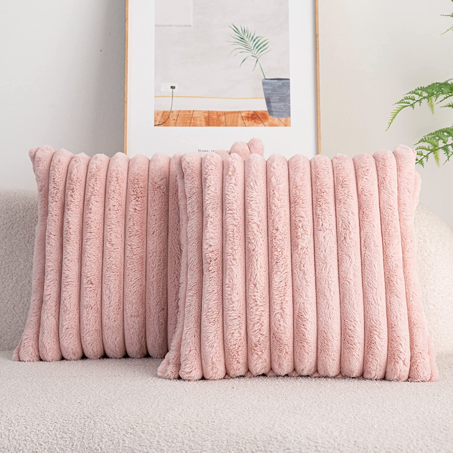 Inyahome Pink White Decorative Long Plush Pillowcase Fuzzy Pillow