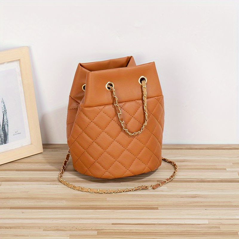 Minimalist Solid Color Bucket Bag, Argyle Pattern Shoulder Bag