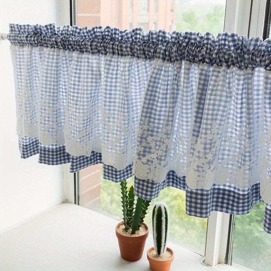Image of 1pc Blue Short Curtain With Gauze, Pastoral Style Cute Pink Lace Curtain Head Rod Pocket Half Curtain, Living Room Room Decoration Bay Window Partition Small Curtain