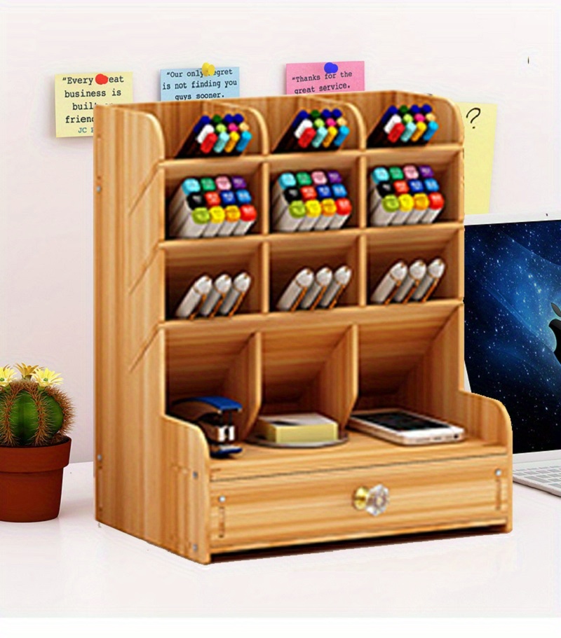 Wooden Desk Organizer with Drawer, Large Capacity DIY Pen Holder