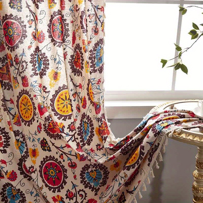 1pc boho floral semi blackout curtain   polyester rod pocket window drapes for living room bedroom balcony hand washable water resistant decorative arts theme door panel   unlined woven fabric 220 240gsm bohemian style tassel sunflower details 0