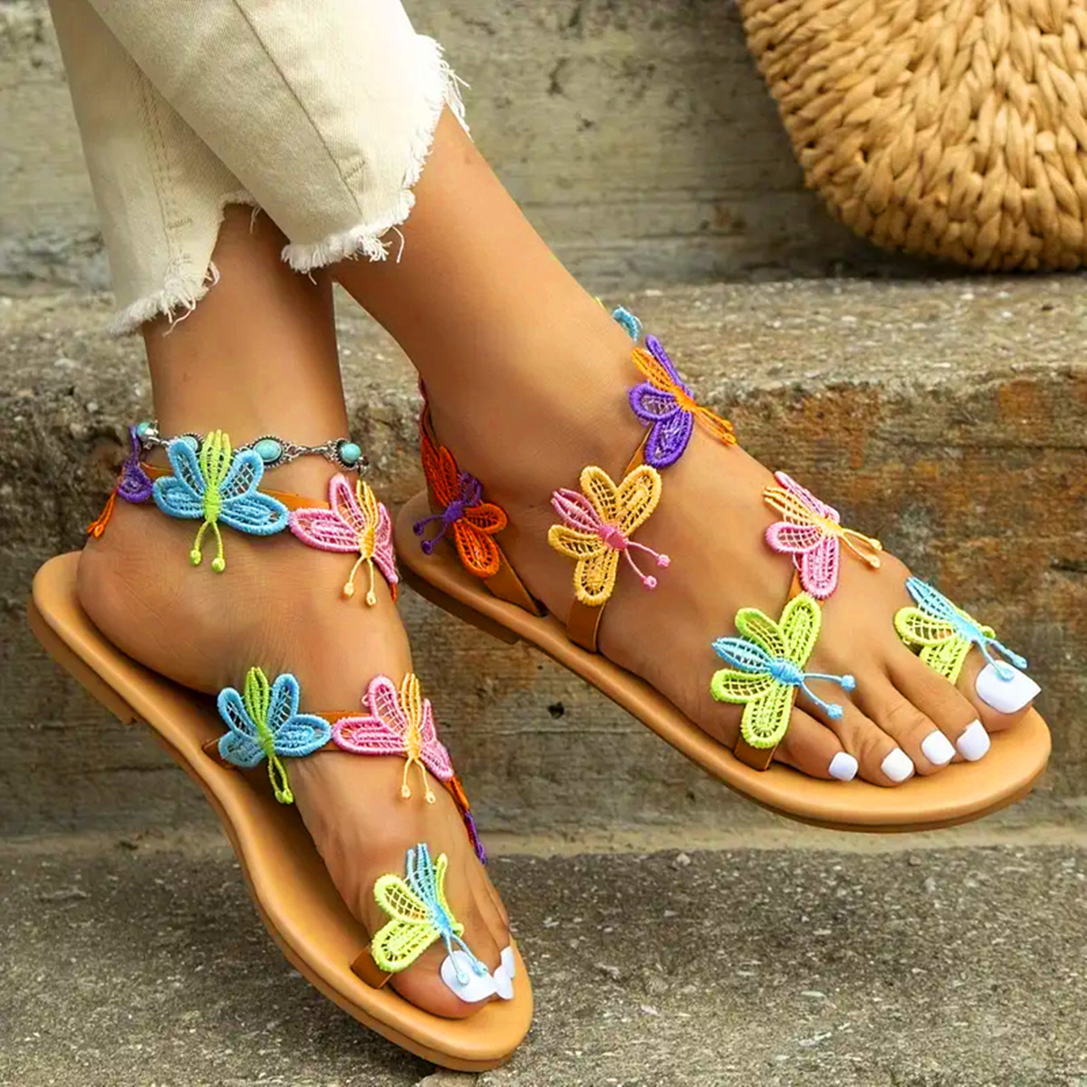 Women Shoes Ladies Multicolor Cloth Open Toe Casual Flat Sandals And  Slippers Green 7.5 
