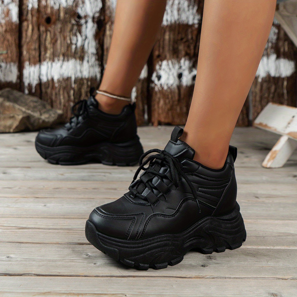 Lace Platform Chunky Sneakers Height Increased Versatile - Temu