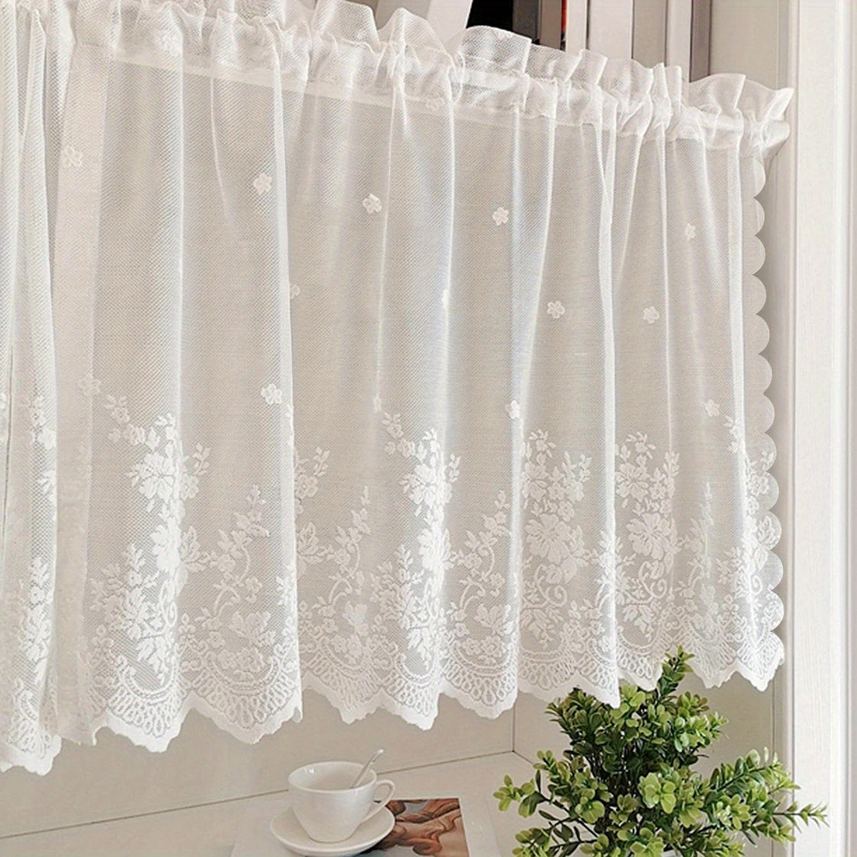 TEMU 1pc Lace Small Curtain, Easy Lace Short Curtain, Rod Pocket, White Sheer Valance For Kitchen Dining Room, Window Door Decor, Cabinet Curtain