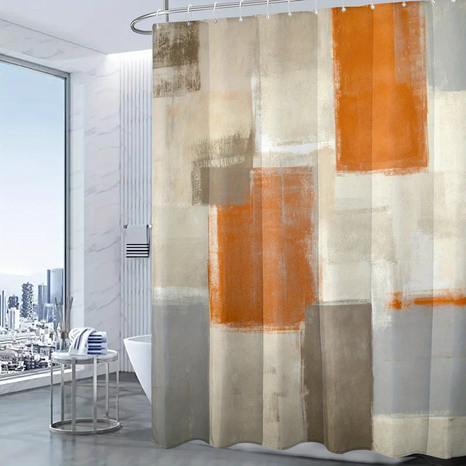 TrusYu Cortinas de ducha modernas de mediados de siglo para baño, retro,  naranja, amarillo, verde, geometría abstracta, juego de cortina de ducha de