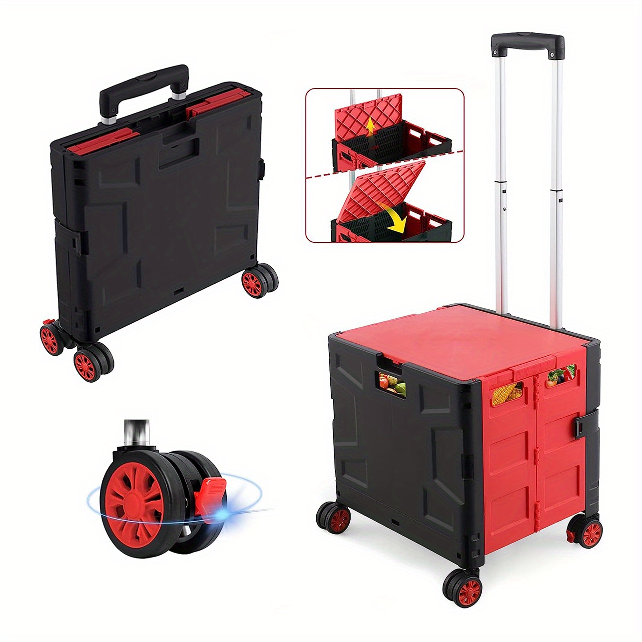 1pc Folding Utility Cart, Portable Rolling Crate Handcart, With Durable  Heavy Duty Plastic Telescoping Handle, Collapsible Hidden Lid, 4 Rotate  Wheels