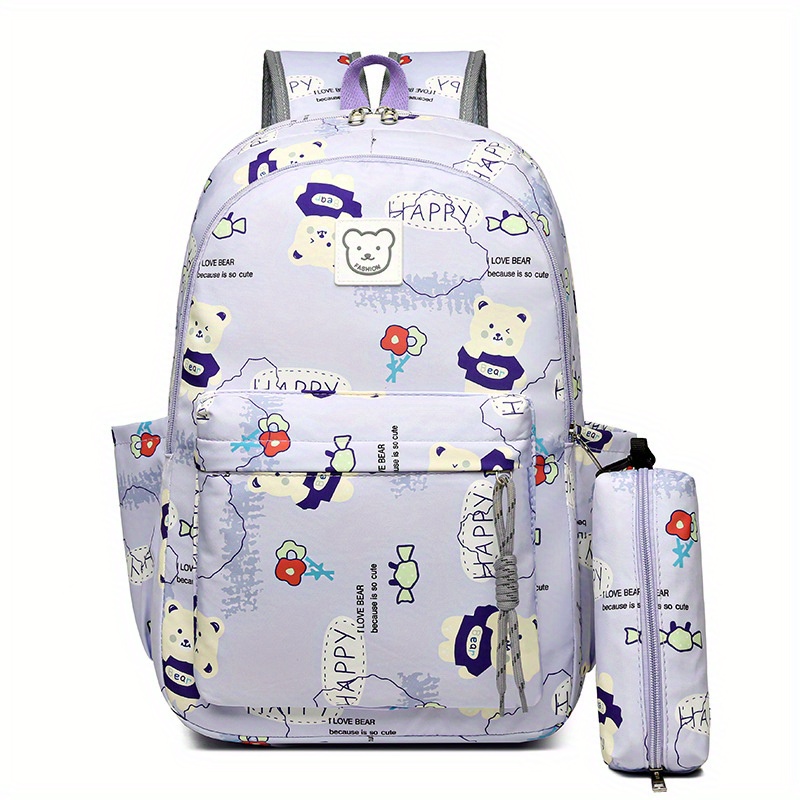 Bear Print Large Capacity Preppy Backpack Pencil Case Pendant Set