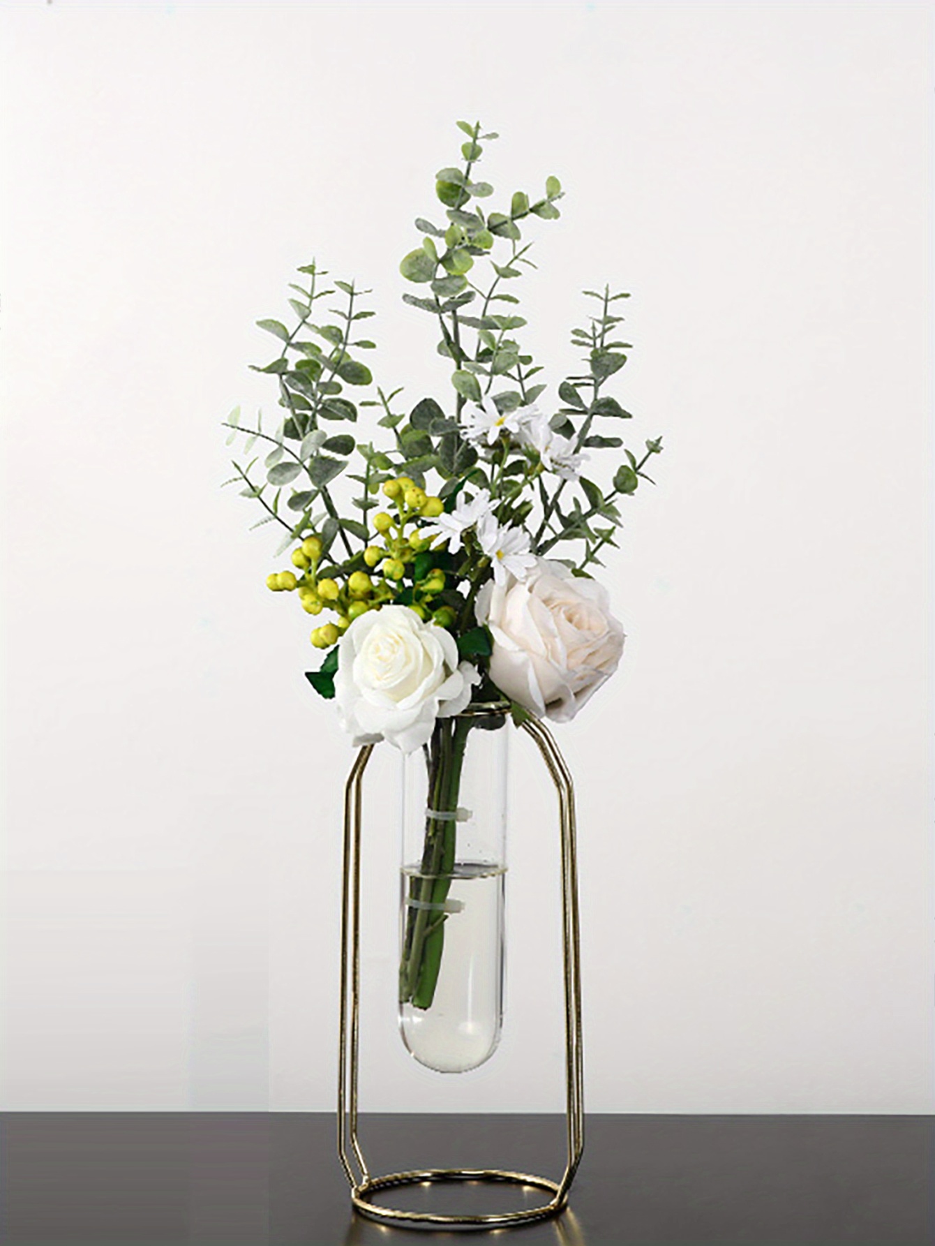 Glasseam Glass Vase for Flowers Gold, Modern Small Vases for Pampas Grass with Geometric Metal Rack for Artificial Flowers Living Room Dining Table