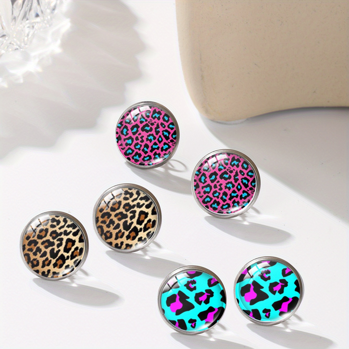 3 Pairs Fashion Leopard Print Round Stud Earrings For Men, Birthday Gift