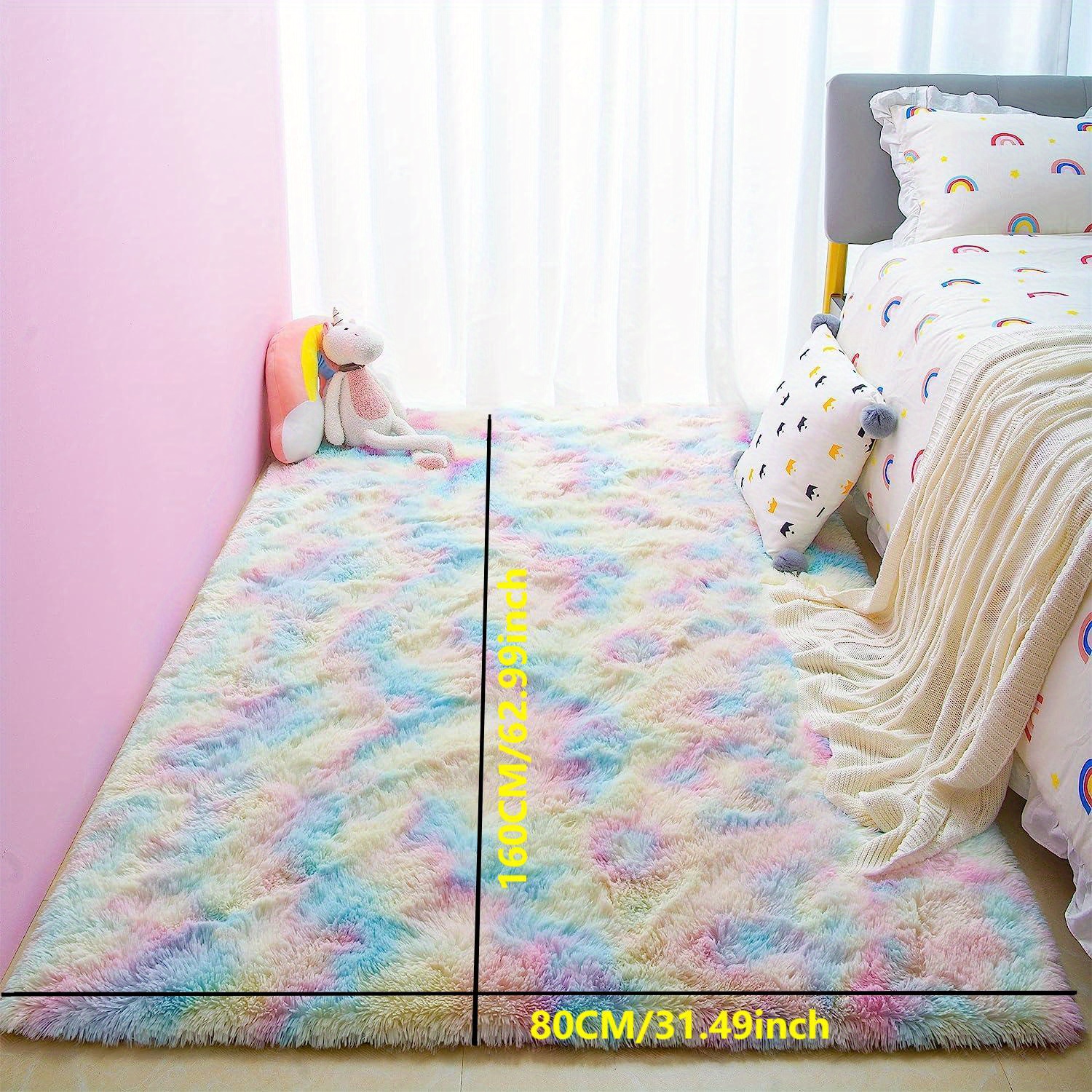 HHHC Tapis arc-en-ciel en fourrure pour enfants, tapis coloré pour chambre  de fille, chambre d'enfant, salle de jeux, tapis flou pour salon, chambre  d'enfant, mignon (0,9 x 1,5 m) 