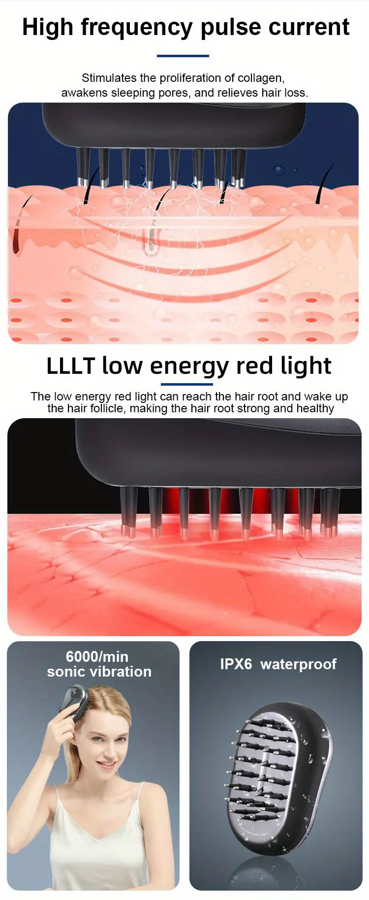 lllt laser hair comb infrared ems scalp care portable vibration massage hair generator details 2