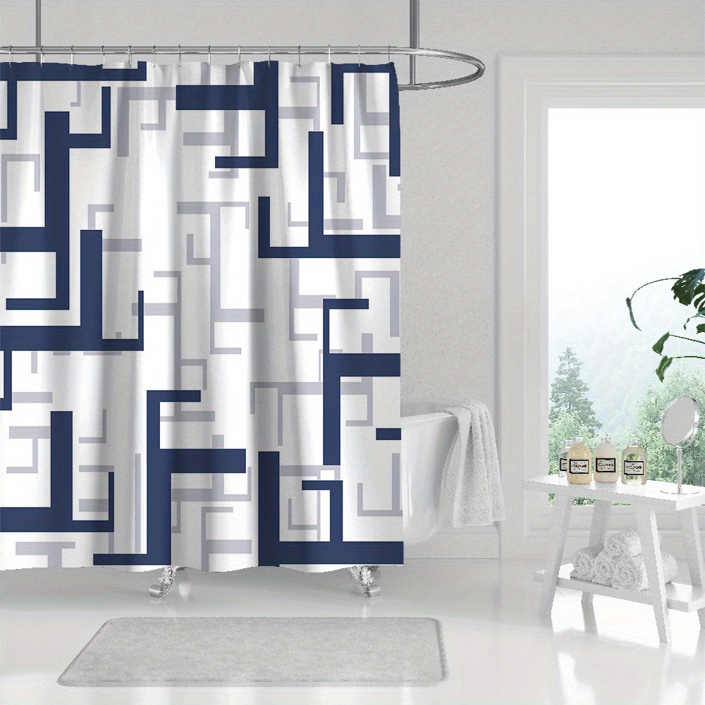 Black Geometric Stitching Pattern Shower Curtain Plastic - Temu