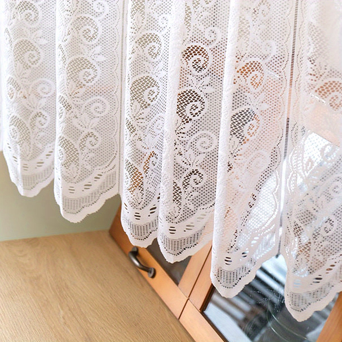 1pc white simple small flower cafe curtain lace hollow mesh small short curtain suitable for kitchen restaurant decoration window cafe cabinet home decor details 5