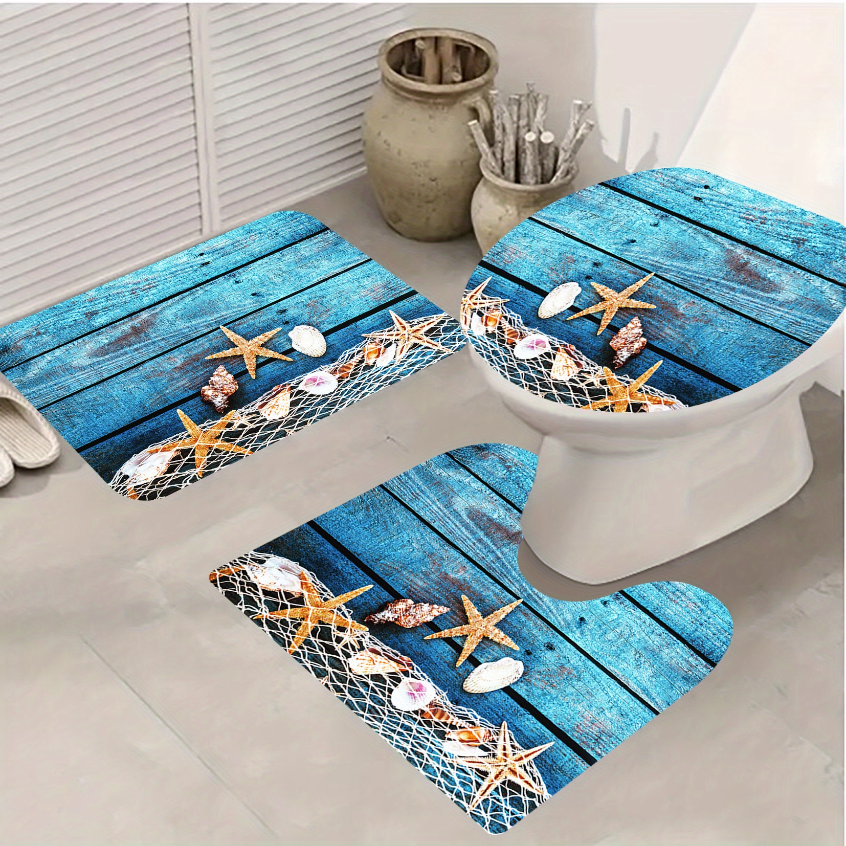 Starfish Shells Pattern Bathroom Mats Set Non slip Bathroom - Temu Ireland