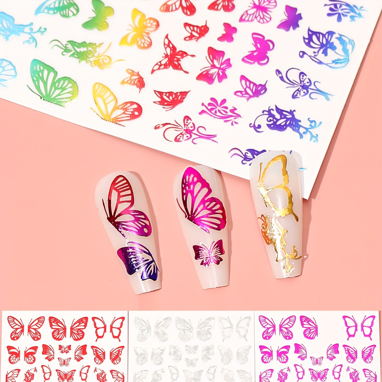 

5pcs Holographic 3d Butterfly Nail Art Stickers, Adhesive Sliders, Colorful Diy Golden Nail Transfer Decals, Foils Wraps Decorations