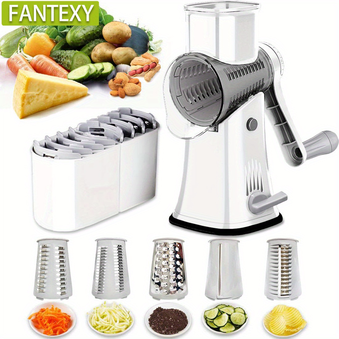 VEKAYA Rotary Cheese Grater, 5 in 1 Cheese Grater with Handle