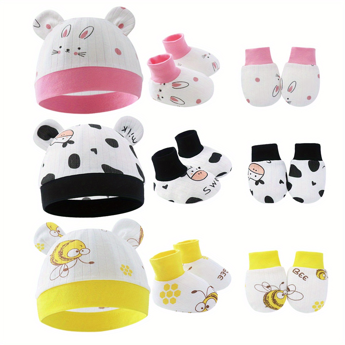 3pcs baby girls cute cartoon breathable soft hat socks gloves set hair accessories for gift details 0