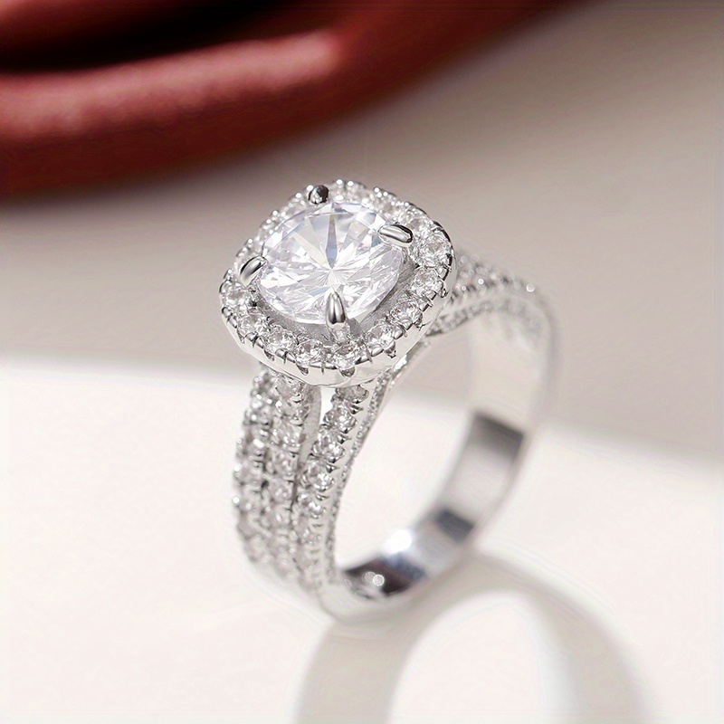 Readkiss 4 Prong Setting 1.5 Ct Synthetic Zirconia Side Micro Pave 3 Row Rings, Plated White K Copper, For Women, Valentine's Day, Wedding, Casual Party, Daily Occasion, April Birthstone