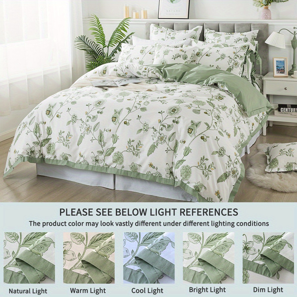 Soft Breathable Green Floral Print Duvet Cover Set Bedroom - Temu