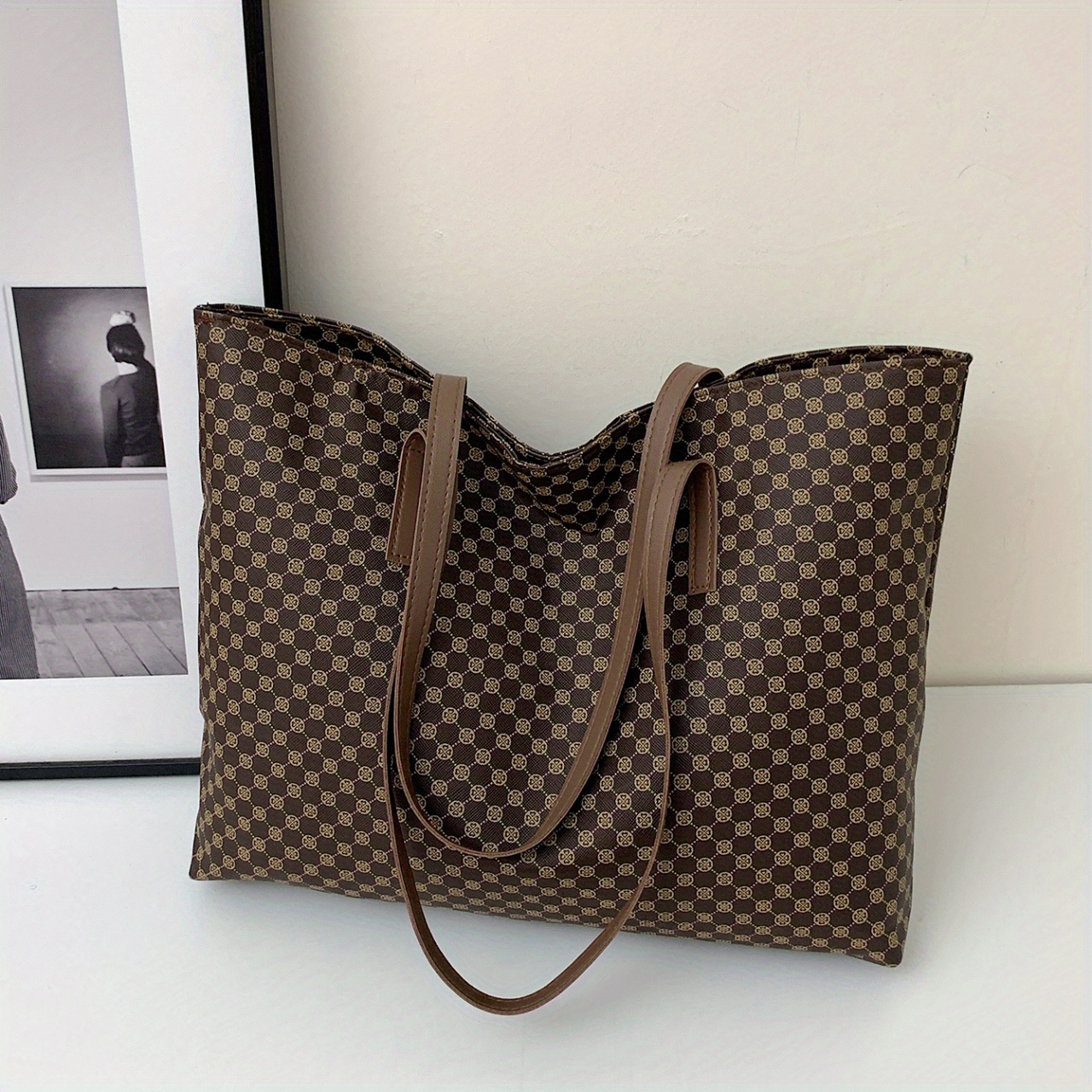 Vintage Geometric Print Tote Bag Large Capacity Handbag