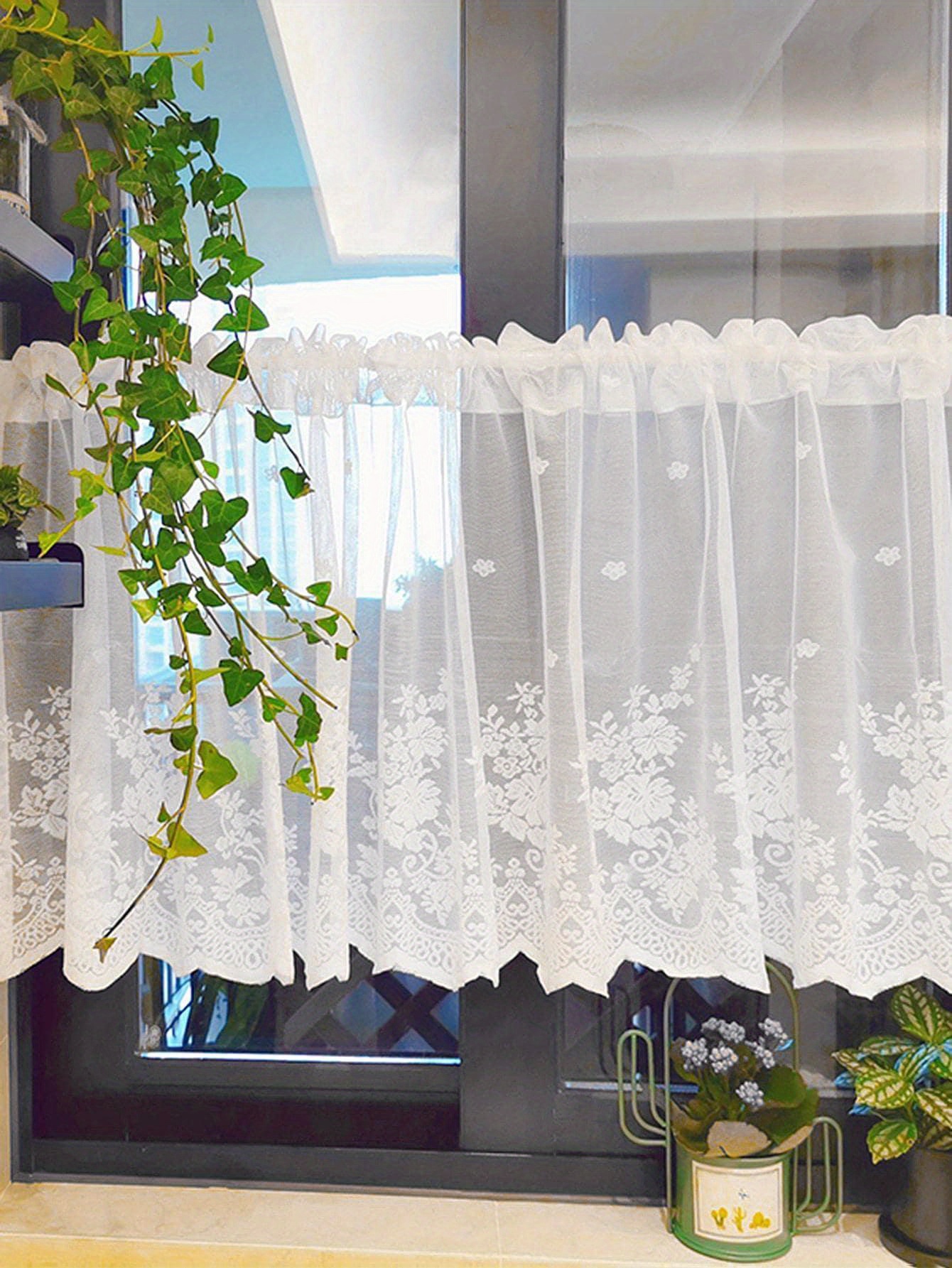 1pc lace small flower cafe curtain simple and sweet lace small window curtain rod pocket   curtain suitable for kitchen and dining room window and door decoration cabinet curtain home decor details 3