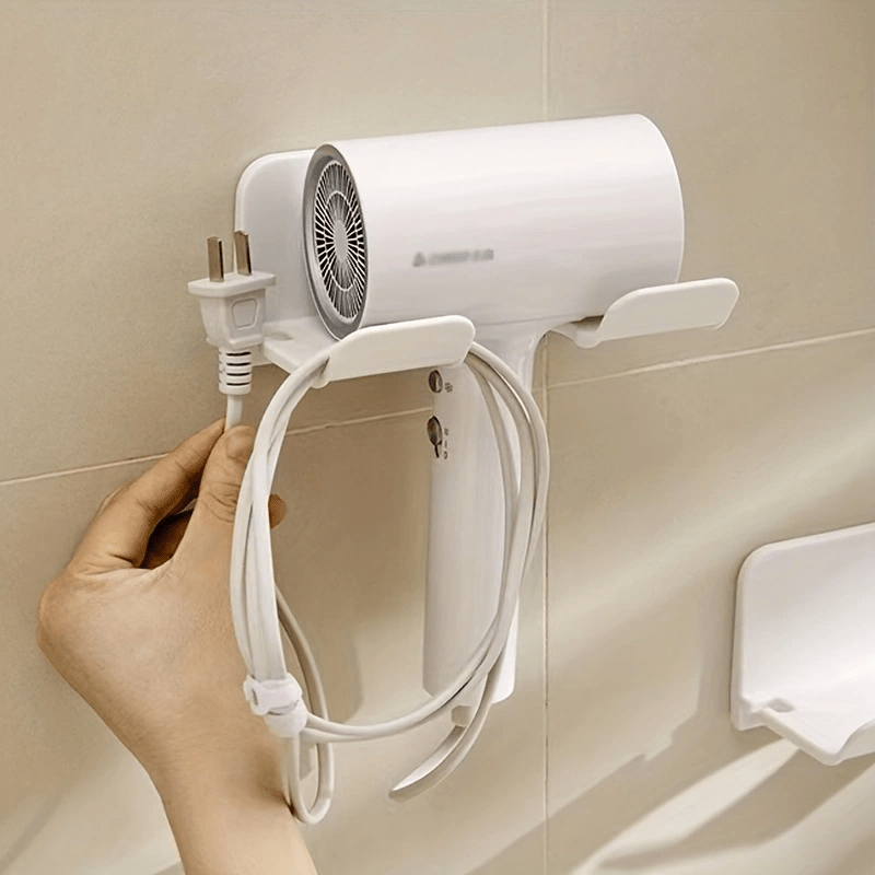 1pc White Adhesive Bathroom Hair Dryer Storage Rack, Wall Mounted