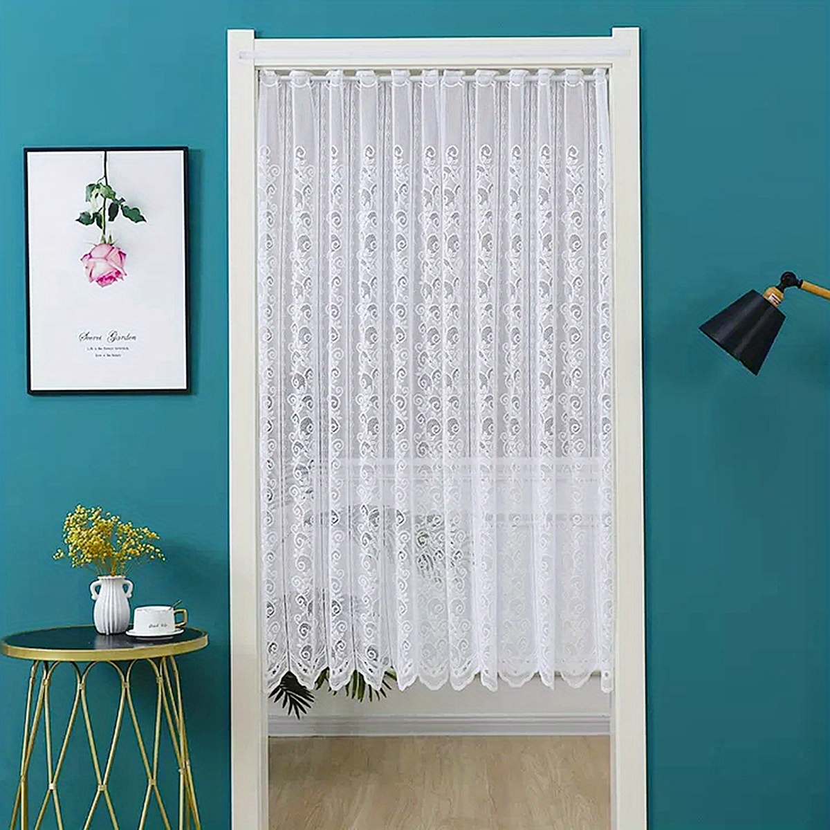 1pc white simple small flower cafe curtain lace hollow mesh small short curtain suitable for kitchen restaurant decoration window cafe cabinet home decor details 4