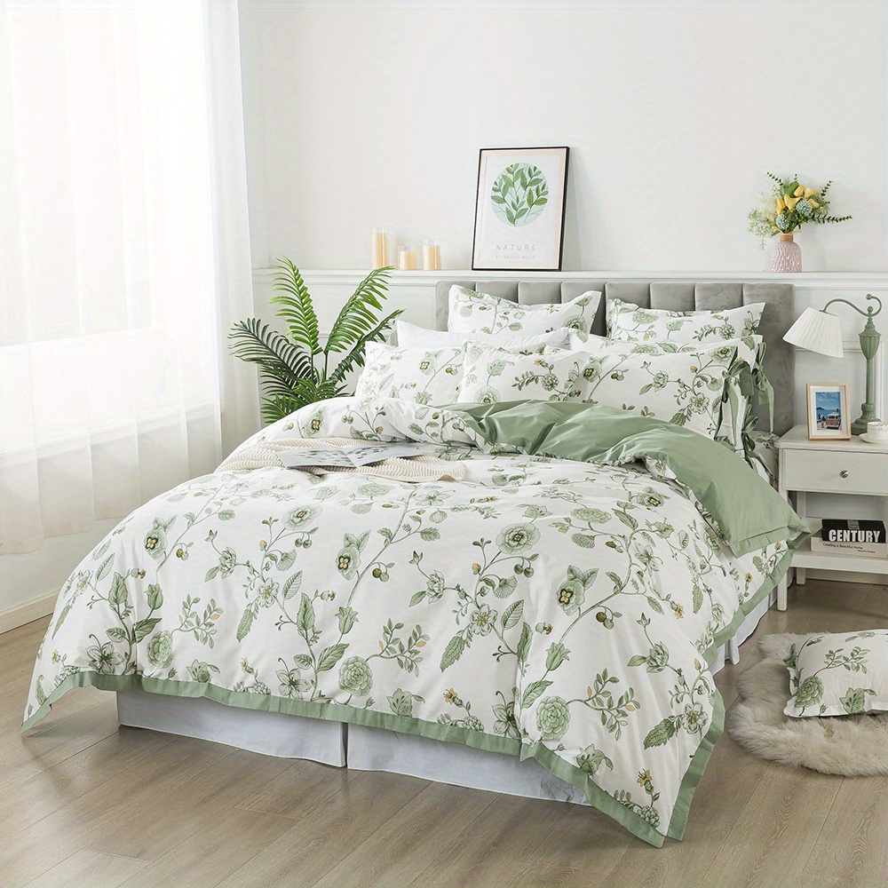 Soft Breathable Green Floral Print Duvet Cover Set Bedroom - Temu